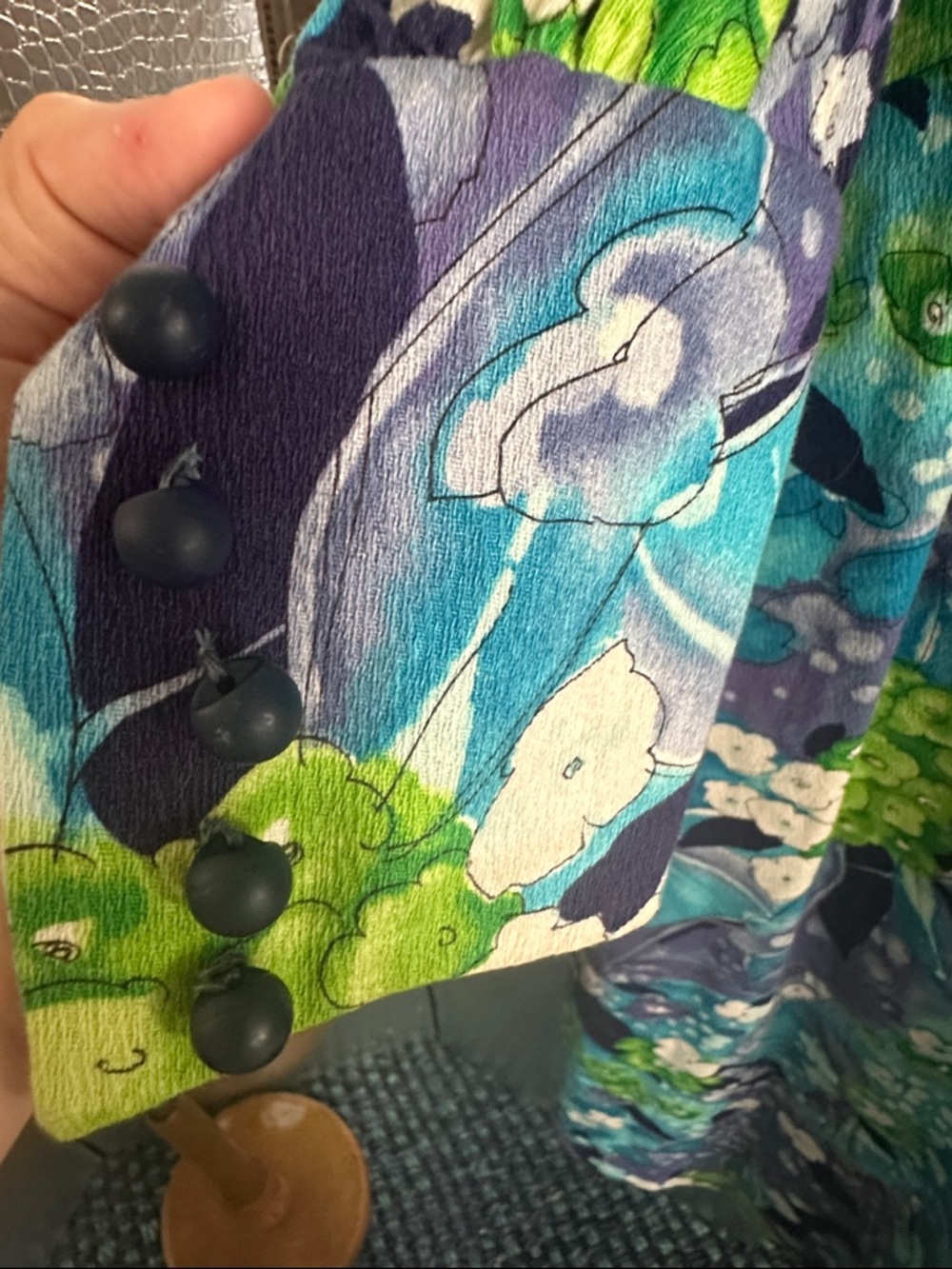Vintage Long Sleeve Floral Maxi Dress in Teal, Purple & Lime - Picture 9 of 10